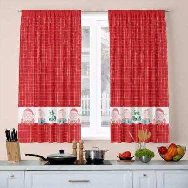 Imagem de Cortina de Cozinha Natal Tamanho 2,00 x 1,36 Passa Varão ou Passabarra Tecido Poliéster Não amassa e Não encolhe (Feliz Natal) (Papai e Mamãe Noel Vermelho/Bordo)