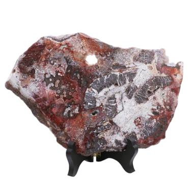 Imagem de mookaitedecor Espécime de laje de ágata mexicana natural com suporte de madeira, estatueta de pedra de ágata irregular para decoração de casa, 426-525 g