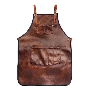 Imagem de Avental de para homens e mulheres, avental de couro à prova d'água com bolsos, alças cruzadas para cozinha, churrasco, barbeiro, barista, trabalho manual