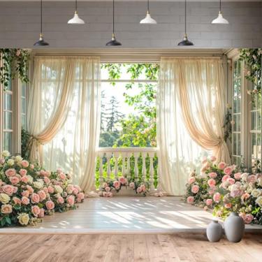 Imagem de Grtuspr Elegante pano de fundo floral de casamento com folhas rosa e verde, cortina de janela, cenário fotográfico para chá de panela, noivado, festa de aniversário, estúdio fotográfico, decoração de