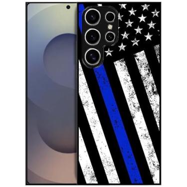 Imagem de SM CASES Capa para Samsung Galaxy S25 Ultra - fina linha azul grunge bandeira da polícia dos EUA design impresso 2D traseira de telefone capa protetora de borracha TPU à prova de choque para Samsung