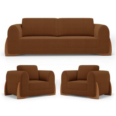 Imagem de Kit 02 Poltronas E 01 Sofá Bloom 200cm 03 Lugares Com Pés De Madeira Bouclê Terracota - Abmaza
