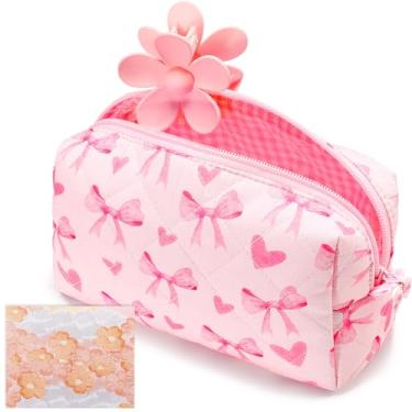 Imagem de Paterr Coquette Bolsa de maquiagem acolchoada de algodão, bolsa cosmética, organizador de artigos de higiene pessoal para viagem, bolsa de cosméticos portátil para mulheres, rosa, Doce