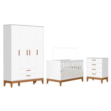 Imagem de Dormitório Infantil Flip Guarda Roupa 4 Portas, Cômoda 4 Gavetas E Berço Branco Fosco - Reller Móveis Branco Fosco