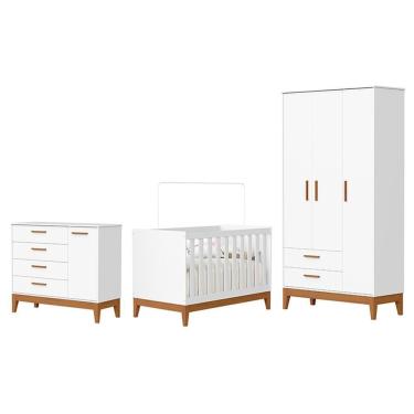 Imagem de Dormitório Infantil Flip Guarda Roupa 3 Portas, Cômoda 1 Porta E Berço Branco Fosco - Reller Móveis Branco Fosco