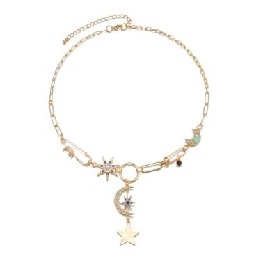 Imagem de immerFancy Colar feminino com pingente de estrela e lua crescente banhado a ouro 18 K Boho com alfinete de segurança com strass e clipe de papel, colar grosso, joias celestiais, presente de Natal