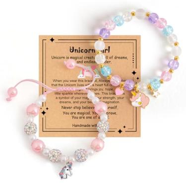 Imagem de DragonHue Linda pulseira de unicórnio, conjunto de contas de cristal ajustáveis, pingente de unicórnio, pérola rosa, presentes de aniversário e Natal para namorada, filha, neta, sobrinha, 6, Pedra