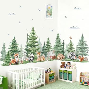 Imagem de wondever Adesivos de parede de animais de pinheiro grande floresta urso veado montanha descascar e colar decalques de arte de parede para quarto de crianças quarto de bebê berçário quarto