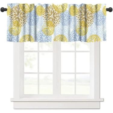 Imagem de Cortina de saia de flores azuis amarelas boho dália floral mandala abstrata flor janela tratamento sanefa para casa de campo cabana quarto sala de estar cozinha 137 x 45 cm