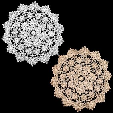 Imagem de Jogo americano redondo de crochê em 2 cores, porta-copos de 35,5 cm, vintage, feito à mão, de malha, de renda, decoração de mesa para casamento, festa de chá, decoração de mesa, sala de jantar