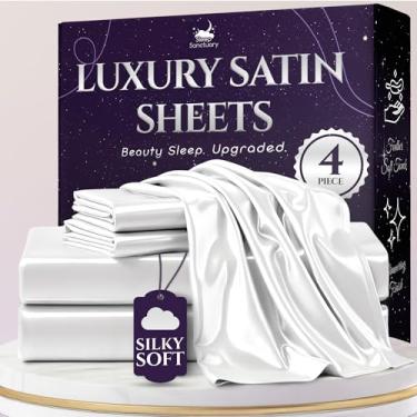 Imagem de SLEEP SANCTUARY Lençóis de cetim Queen Size – Conjunto de cama sedosa de luxo de 4 peças, mais macio que seda, bolso profundo de 38 cm, refrescante e sem rugas, absorvente de umidade e respirável para