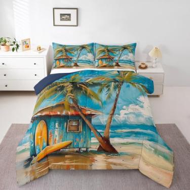 Imagem de Erosebridal Conjunto de edredom queen para prancha de surfe, surfista de surf, praia costeira, azul mar, conjunto de cama para crianças, meninas, meninos, decoração de quarto de palmeira havaiana, 2