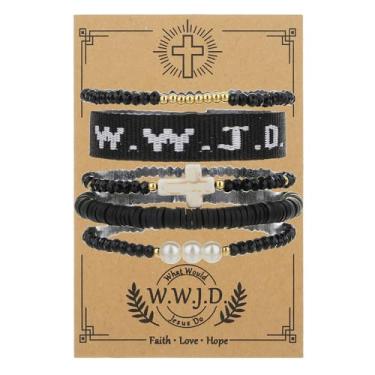 Imagem de DATOA 5 pulseiras elásticas de cruz cristã WWJD pulseira de corda trançada com contas de cristal feito à mão ajustável O que Jesus faria pulseiras para mulheres e homens, joias religiosas, adjustable