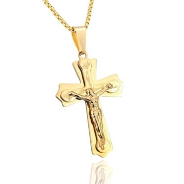 Imagem de Colar com pingente de cruz religiosa banhada a ouro, corrente de caixa de 61 cm, unissex