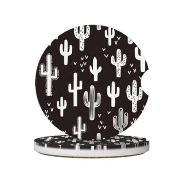 Imagem de Porta-copos de carro de cacto preto e branco para porta-copos, pacote com 2 porta-copos de carro para carro, porta-copos absorventes de cerâmica com entalhe de dedo e base de cortiça, acessórios de