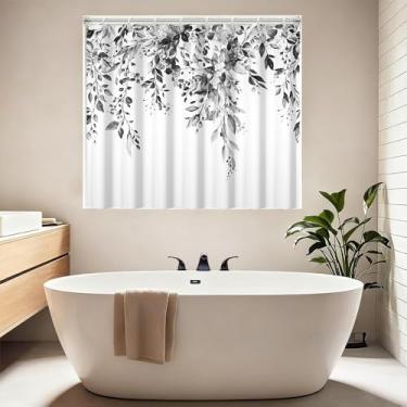 Imagem de Cortina de janela de banheiro com folhas de eucalipto preto e branco, aquarela, plantas, videiras, florais, cortinas de chuveiro, cortina pequena de tecido impermeável para janelas de cozinha