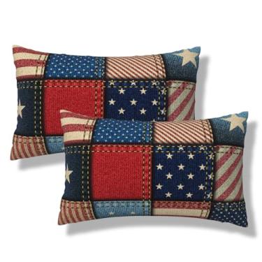 Imagem de VIREOTHIA Conjunto de 2 capas de almofada de retalhos da bandeira americana 30,5 x 50,8 cm com 2 capas de almofada decorativas vintage estrelas retangulares para decoração de sofá-cama