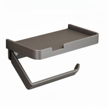 Imagem de Suporte Porta Papel Higiênico Multifuncional com Apoio para Celular Preto, Sem Furos, Fixação com Adesivo(Metal)