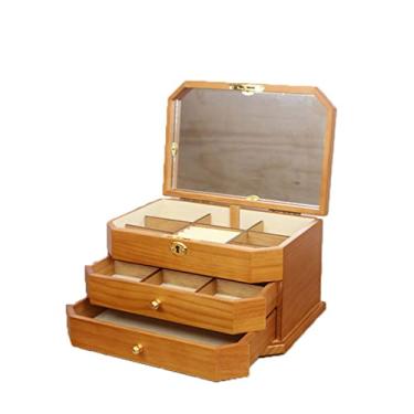 Imagem de Caixa de armazenamento de joias de madeira maciça grande caixa de joias de luxo dupla camada com cadeado para anéis, brincos, colar pulseiras (espelho a) (espelho a)