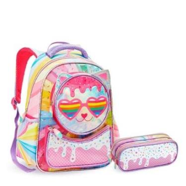 Imagem de Kit Mochila e Estojo Infantil Escolar Gatinha Holográfica-Feminino