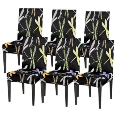 Imagem de Conjunto de 6 capas elásticas para cadeira de sala de jantar, capa protetora de assento de libélula, estampa animal, vintage, lavável, para cozinha, casa, hotel, banquete, festa de casamento