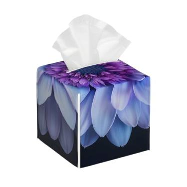 Imagem de Suporte quadrado de couro para caixa de lenços de papel, impermeável, floral, girassol, roxo, organizador de papel facial com cinto inferior, estojo de lenços para mesa, banheiro, escritório, mesa