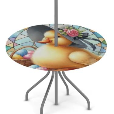 Imagem de hongjinglin Toalha de mesa de Páscoa para uso ao ar livre com orifício para guarda-chuva, toalha de mesa redonda elástica com zíper, impermeável, limpável, para piquenique, festa, pátio, serve para