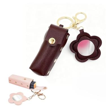 Imagem de Porta-chaves de batom portátil – Protetor labial espelhado em forma de coração, mangas protetoras de couro, suporte de batom para mulheres, viagens, armazenamento de maquiagem, Marrom, Estojo de batom