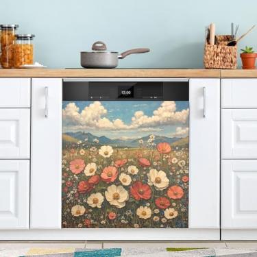 Imagem de ATTX Pintura a óleo vintage flores silvestres capa ímã máquina de lavar louça, 58 cm C x 66 cm A decoração da capa frontal da máquina de lavar louça, decalques de armário doméstico eletrodomésticos