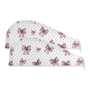 Imagem de SEHANY Linda toalha de cabelo de microfibra com laço rosa para mulheres, 2 peças, turbantes de cabelo de secagem rápida com botão, touca de cabelo seco absorvente toalha de secagem de cabelo para