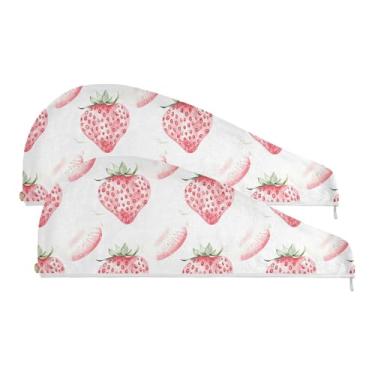 Imagem de SEHANY Toalha de cabelo de microfibra de morangos rosa aquarela para mulheres, 2 peças, turbantes de cabelo de secagem rápida com botão, touca de cabelo seco absorvente toalha de secagem de cabelo