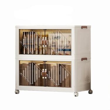 Imagem de SPXMQSS Caixa de armazenamento com tampa, caixas de armazenamento de plástico dobrável grandes, empilháveis caixa de armazenamento com porta magnética e rodas para roupa brinquedos livros campismo