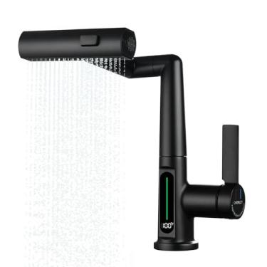 Imagem de Chomley Torneira de banheiro orifício único rotação de 360°, torneira de alça única ajustável em altura 4 modos de água, torneira de pia de barra com exibição de temperatura (sem baterias) em