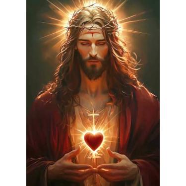 Imagem de RYMILIE Kits de arte de diamante de oração de Jesus Cristo para adultos, kits de pintura de diamante 5D Devotion para iniciantes, pinturas de diamante redondas redondas DIY imagem pedra preciosa arte
