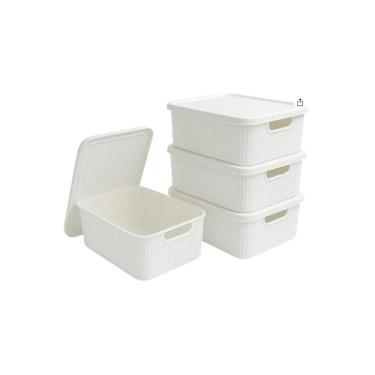 Imagem de Caixa Organizadora Multiuso Branca, Plástico e Madeira, 16x36x22cm, Alças Laterais, Empilhável