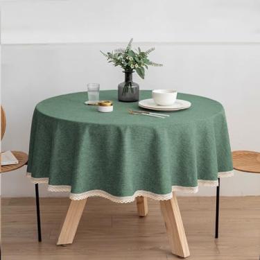 Imagem de Wuluwala Toalha de mesa redonda de tecido de cor sólida de 183 cm, toalha de mesa de linho de algodão com acabamento em renda, resistente a manchas, capa de mesa de jantar à prova d'água para cozinha