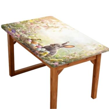 Imagem de Toalha de mesa retangular com borda elástica, ovos de coelhinho da Páscoa da primavera, toalha de mesa dobrável para piquenique ao ar livre para mesas de 1,2 m, impermeável à prova de óleo, para