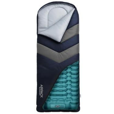Imagem de Rangland Saco de dormir com almofada embutida (AirPack Sleeper) - Almofada de dormir inflável multifuncional e cobertor com zíper para acampamento com bomba de pé embutida (azul/cinza) 210 x 80 cm