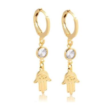 Imagem de Brinco Argola Ponto de Luz e Mão de Fátima Banhado a Ouro 18k - Mariah