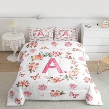 Imagem de jejeloiu Conjunto de edredom solteiro com estampa de borboleta, monograma, para crianças, adolescentes, letra A, linda flor, decoração de quarto, borboletas chiques, 2 peças com 1 fronha