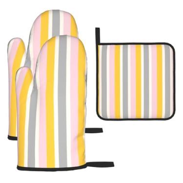 Imagem de Franja geométrica reduzida – Conjunto de cozinha essencial com 3 peças, luvas seguras para calor, proteção para churrasco no forno, design de armazenamento suspenso.