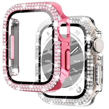 Imagem de NewWays Pacote com 2 capas protetoras de tela para Apple Watch Bling 41 mm séries 7 8 9, diamantes de cristal brilhante, strass, capa protetora rígida PC fina para iWatch, rosa/transparente