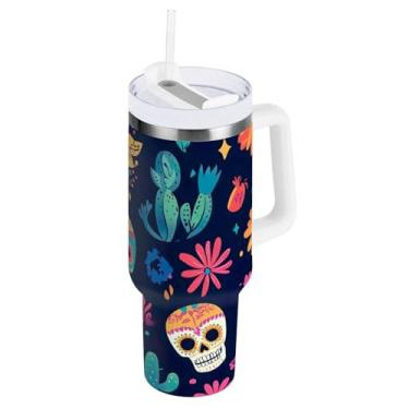 Imagem de STAYTOP Lindo copo de caveira de Halloween de 1,134 g com tampa e canudo, copo isolado de aço inoxidável durável à prova de vazamento com alça, garrafas de água à prova de derramamento para viagens