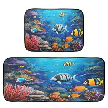 Imagem de Wassud Tapetes de cozinha coloridos de recife de peixe para decoração de casa tapetes de cozinha acolchoados antifadiga tapetes de cozinha antiderrapantes laváveis essenciais de cozinha conjunto de 2