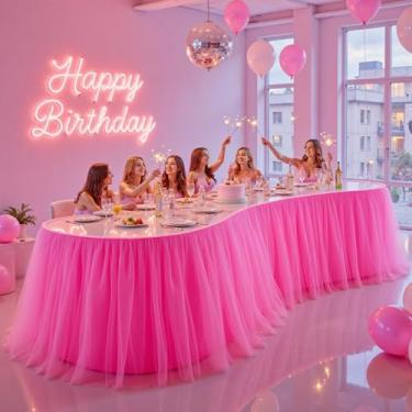 Imagem de PARTISKY Saia de mesa de tule rosa choque de 3,5 m para mesas redondas retangulares de 2 camadas de tule com babados, saia de mesa de tecido tutu para chá de bebê, menina, festa de aniversário