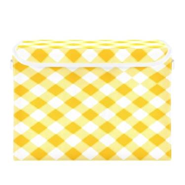 Imagem de CEBUGI Caixotes de armazenamento com tampas, caixa de armazenamento de tecido dobrável, caixa organizadora de cubo de fundo com padrão de guingão amarelo para prateleiras de armário de casa e quarto