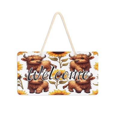 Imagem de Burbuja Placa de boas-vindas Highland Cows Girassóis para porta da frente, placa de boas-vindas de PVC para pendurar na parede, decoração de férias, 15 x 28 cm
