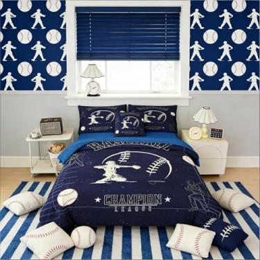 Imagem de Yadangxiawa Jogo de cama de beisebol com 6 peças, solteiro, para adolescentes, com 1 colcha + 1 lençol de cima + 1 lençol com elástico + 2 fronhas + 1 capa de almofada (beisebol - D solteiro)