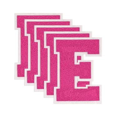Imagem de GBTBYS 5 peças de adesivos de letras universitárias de 11,4 cm rosa chenille ferro em letras patch para mochilas, aplique bordado, jaqueta com capuz, bolsas de Natal, festa de aniversário E