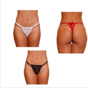 Imagem de Kit 3 Calcinhas Sexy Rendada Fio Dental Lingerie Feminina Com Regulage